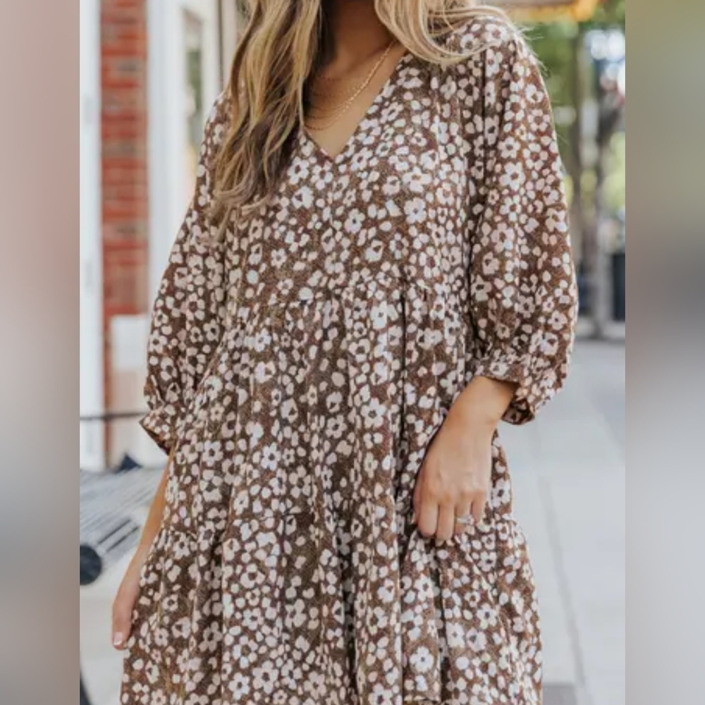 Entro Mini Dress Floral V Neck Brown Womens Size Medium NWT